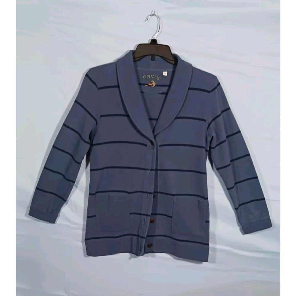 Orvis Women's Small Button Up Striped Cardigan Sweater Blue 100% Cotton